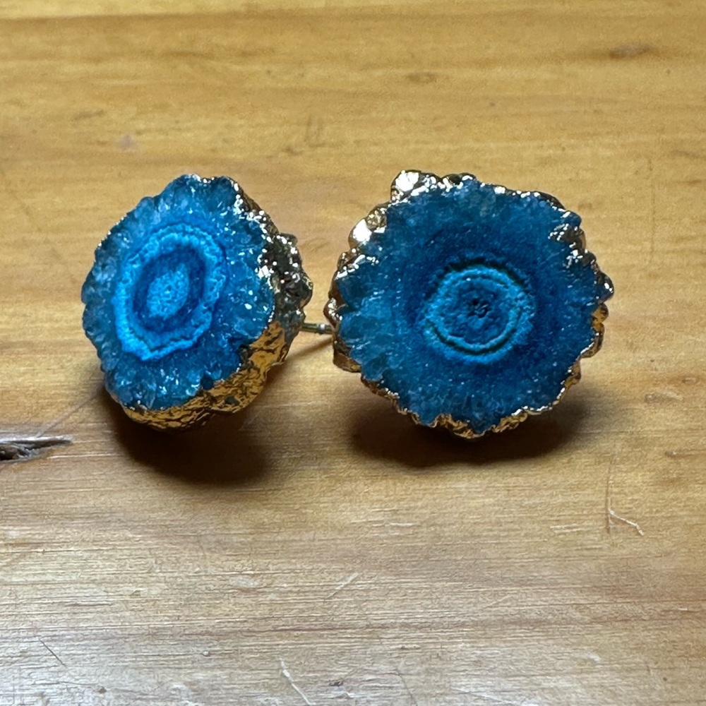 Blue and gold earrings, gorgeous natural wood or stone, pierced